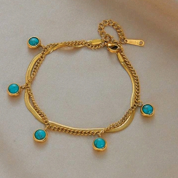 -‎ Womens Turquoise Dangle 18K Gold Plated Stainless Steel Charm Bracelet - Picture 2 of 3